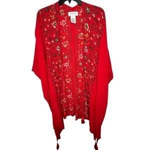 SHYANNE Floral Tassel Shawl VibraRed Floral Kimono Open Women’s Cardigan Sz OS